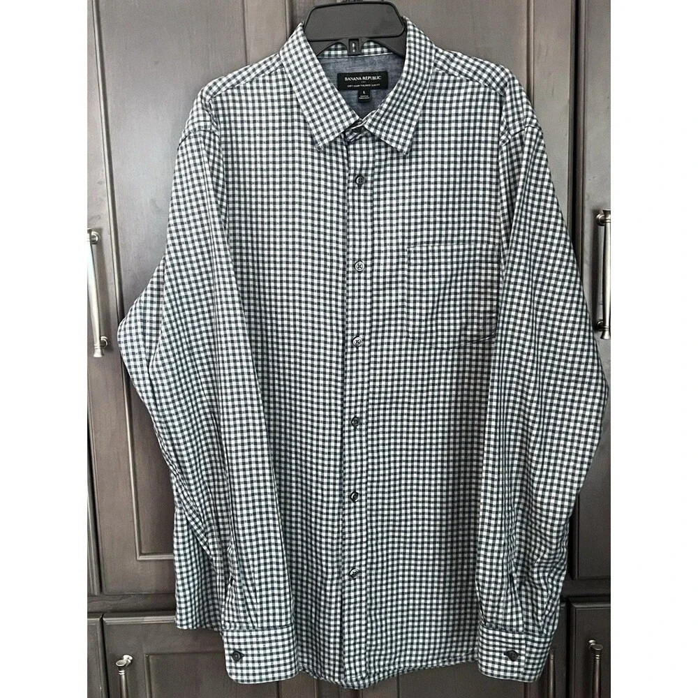 Banana Republic Soft Wash Tailored Slim Fit Shirt Mens L Teal Check Button Up